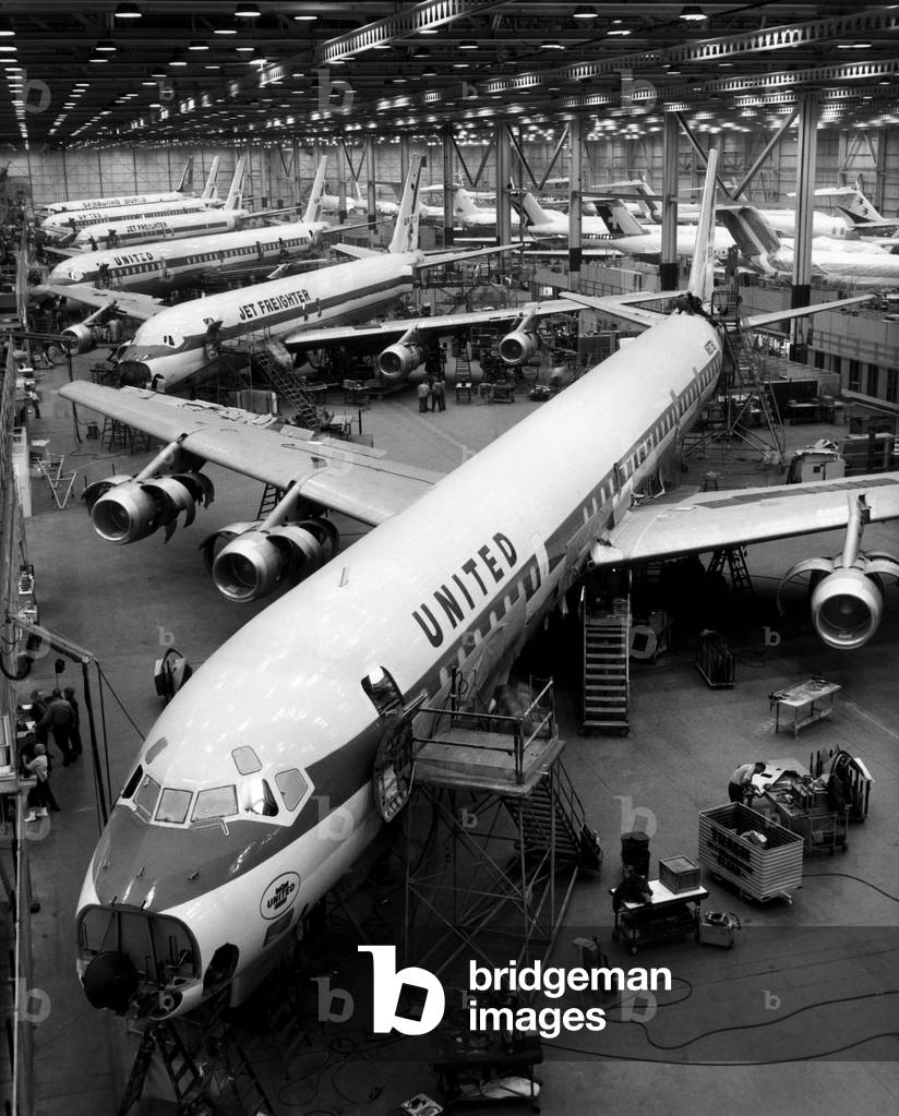 United Airlines Super DC-8 and DC-8 Jet Freighters in the production line at McDonnel Douglas Corporation, 1968