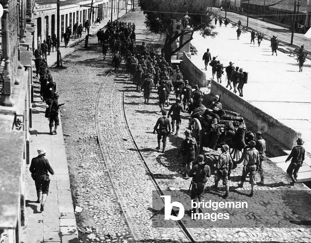 The 1914 United States occupation of Vera Cruz, Mexico: Sailors from the Battleship Michigan marching to the outskirts of the city, 1914.