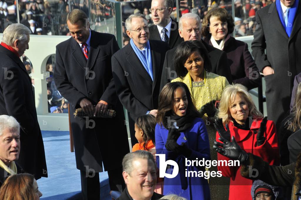 VIPs await the beginning of Barack Obama's inauguration including Bill Clinton John Boehner Harry Reid Joe Biden Dianne Feinstein Al Gore Jill Biden Michelle Obama and her daughters Malia and Sasha. (BSWH_2011_8_191)