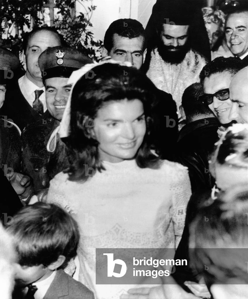 Jacqueline Kennedy marries Aristotle Onassis. Mrs. Aristotle Onassis, after her wedding on Onassis' private island. Oct. 20, 1968