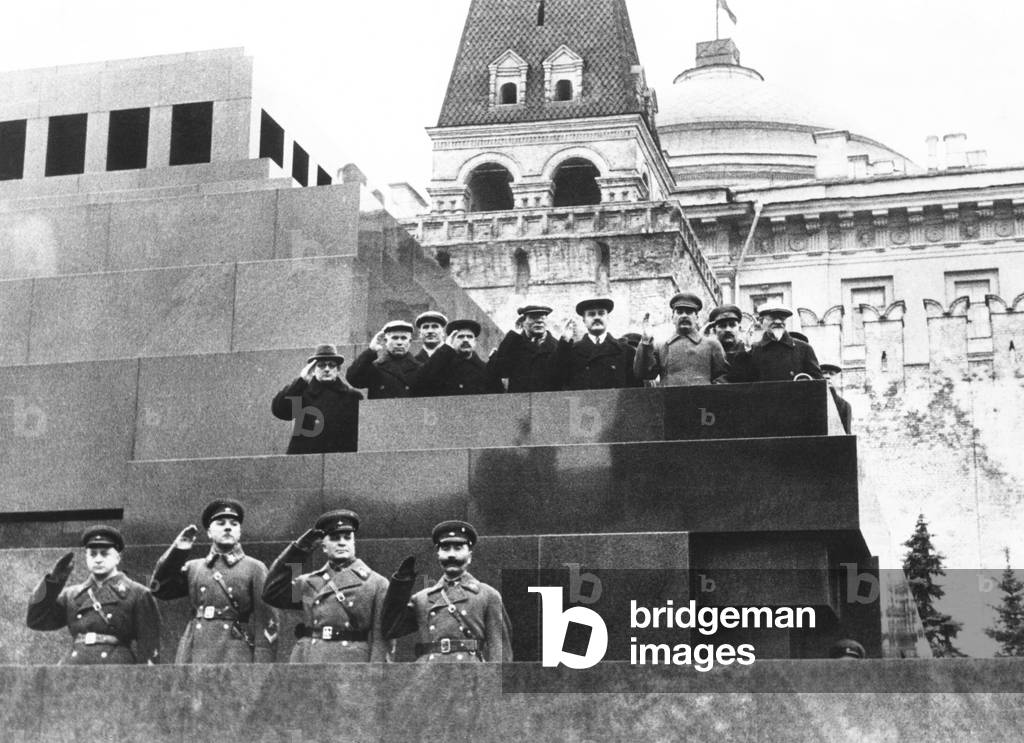 Soviet leaders on Lenin's tomb during for the 19th Anniversary of the October Revolution. Moscow, Nov. 17, 1936.