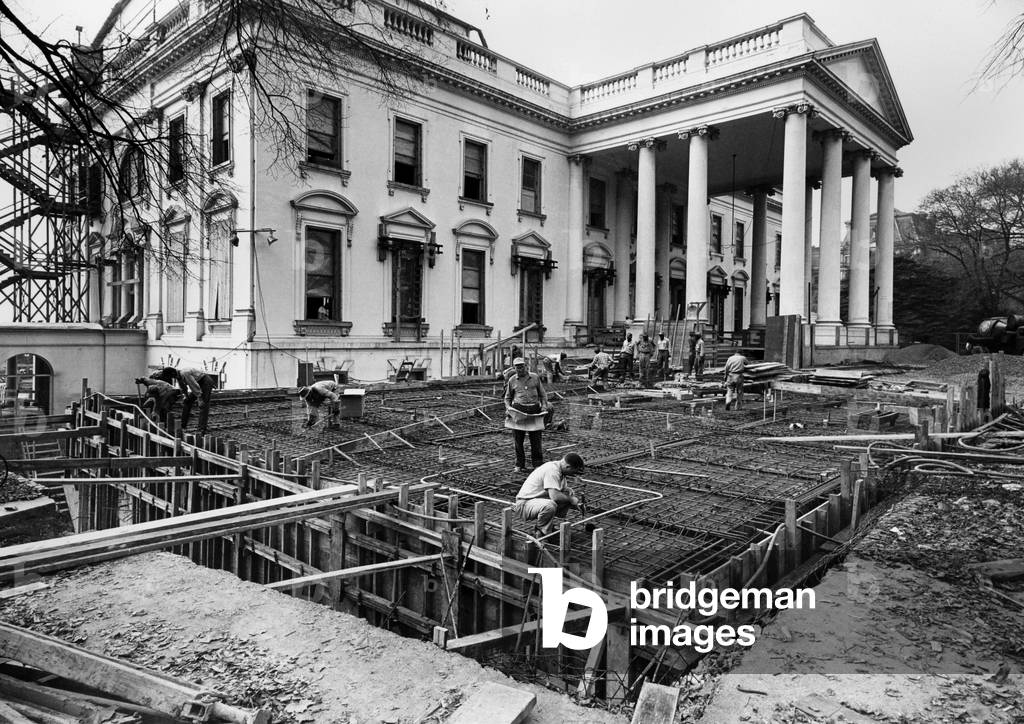 Renovation of the White House during the Truman Administration. View of the Northeast Corner of the White House during the rebuilding. Nov. 6, 1950.