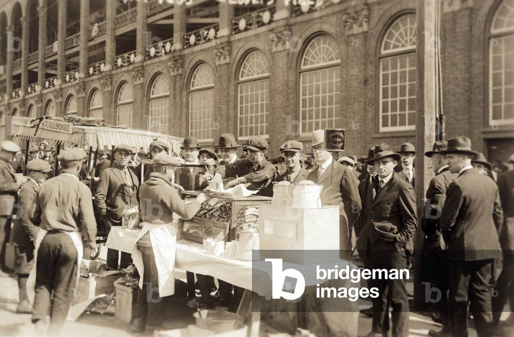 Baseball. Hot Dog vendors sell to fans at Ebbets Field, Brooklyn, New York. October 6, 1920
