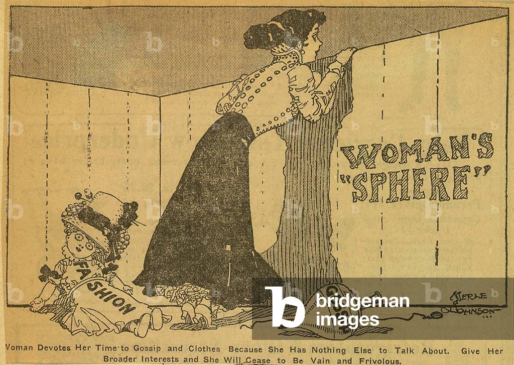 Political cartoon shows woman peering over a fence labeled 'Woman's Sphere' while her toys 'Fashion' and 'gossip' lay abandoned. By Merle De Vore Johnson, 1909