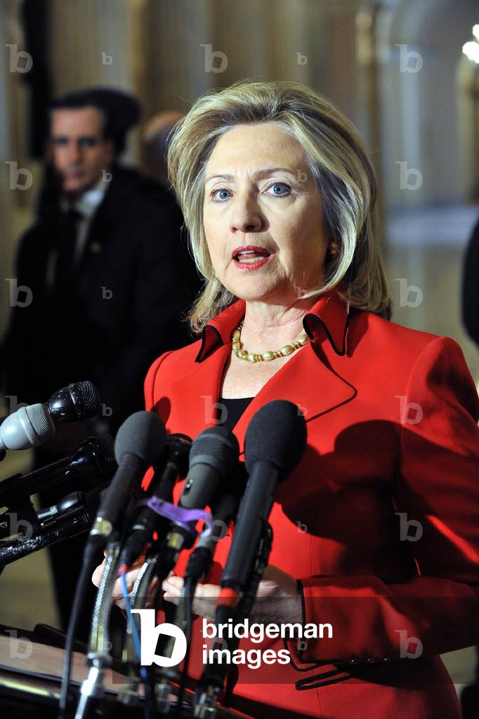 Hillary Clinton speaking to the press after meeting with House Speaker John Boehner to discuss proposed foreign affairs budget cuts that she described as 'devastating' to U.S. national security interests. Feb. 14 2011. (BSWH_2011_8_11)