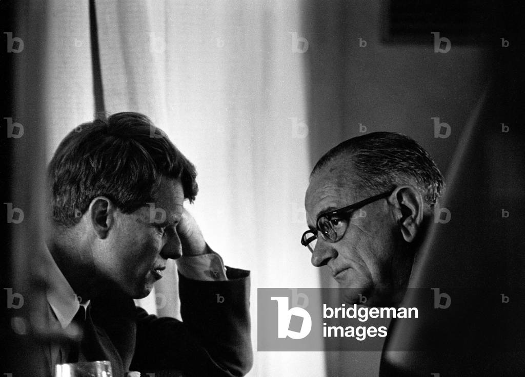 President Lyndon Johnson meeting with Robert Kennedy. The two men were unfriendly rivals, but supported each other in the 1964 elections. Oct. 14, 1964