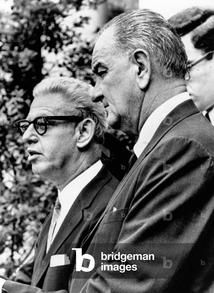 President Lyndon Johnson with Arthur Goldberg. They announced that Goldberg would leave the Supreme Court to become Ambassador to the United Nations, July 20, 1965