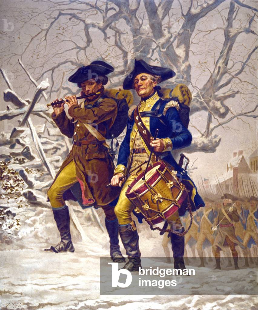 Continental Army color guard, playing fife and drum, marching in winter during the American Revolution, 1776-1783