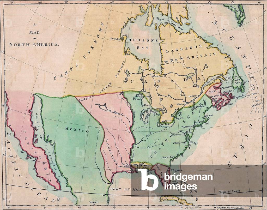 1803 map of North American showing the major divisions by European national possession
