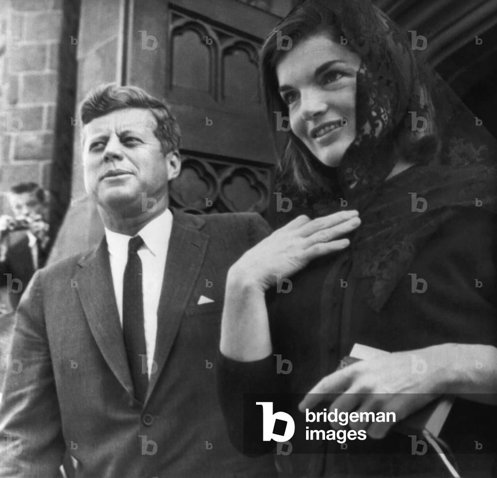 John F. Kennedy, Jacqueline Kennedy, leaving St. Mary's Roman Catholic Church, Newport Rhode Island, September 9, 1962