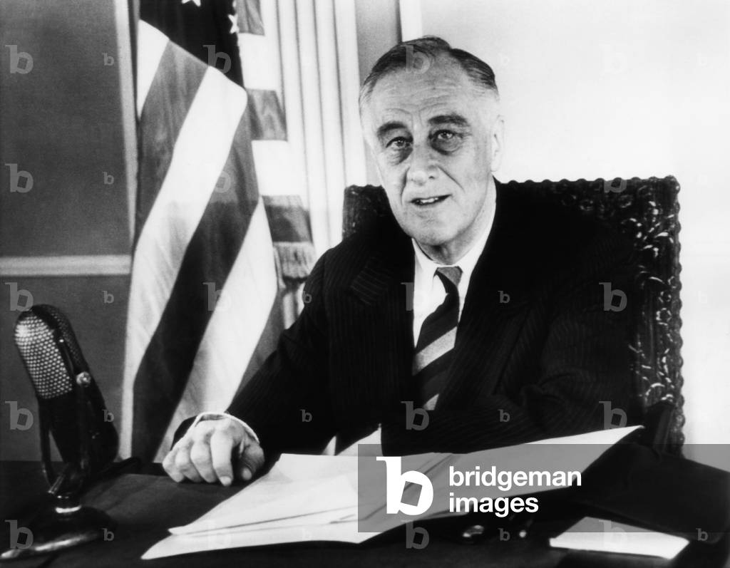 President Franklin D. Roosevelt (1882-1945), U.S. President 1933-1945, speaking to the United States and calling for greater exertion and sacrifice for the war, January 6, 1945