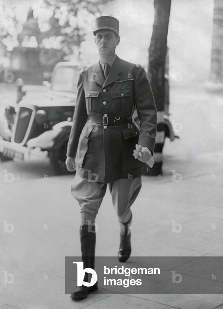 General de Gaulle in London, arriving at his office in London. June 25, 1940. He was under Secretary for War in the Reynaud Cabinet and organized French Resistance from Britain during World War 2.