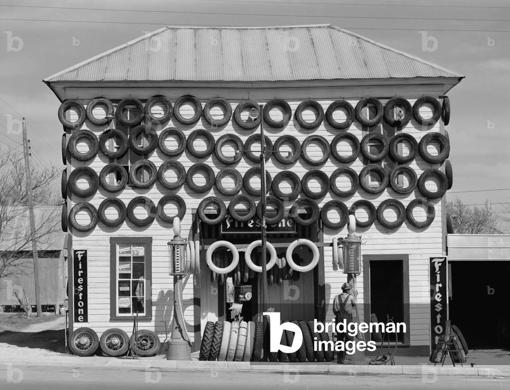 Secondhand tires displayed for sale at San Marcos, Texas. 1940 photograph by Russell Lee