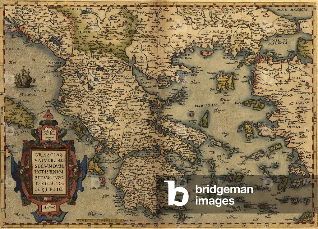 1570 map of Greece, then under the rule of the Ottoman Empire. From Abraham Ortelius, Theatrvm orbis terrarvm