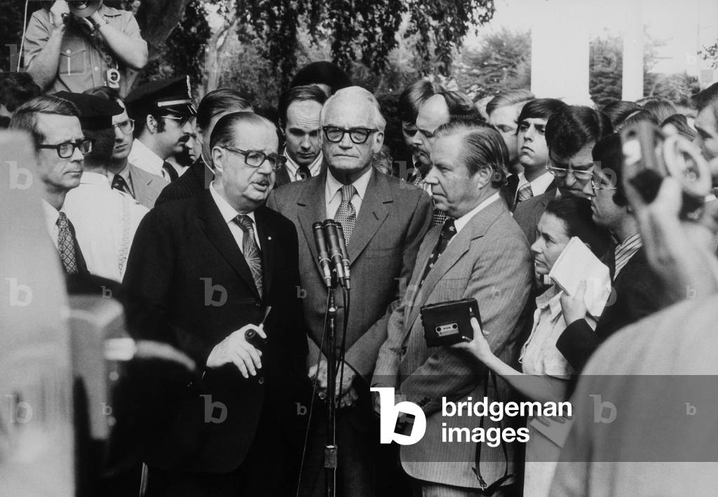 Republican Senators Hugh Scott Barry Goldwater and Congressman John Rhodes after meeting with President Nixon on Aug. 7 1974. They told Nixon he was likely to be impeached by the House and to be convicted by the Senate. Nixon announced his resignation the next day