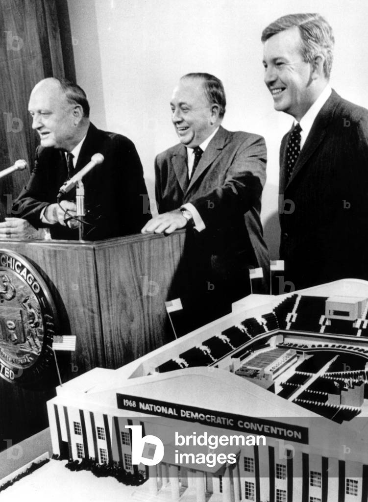 Richard J. Daley, Mayor of Chicago is joined by John Bailey (L) and John Criswell (R) at press conference to discuss the 1968 National Democratic Convention, Chicago, IL, 07-24-1968.
