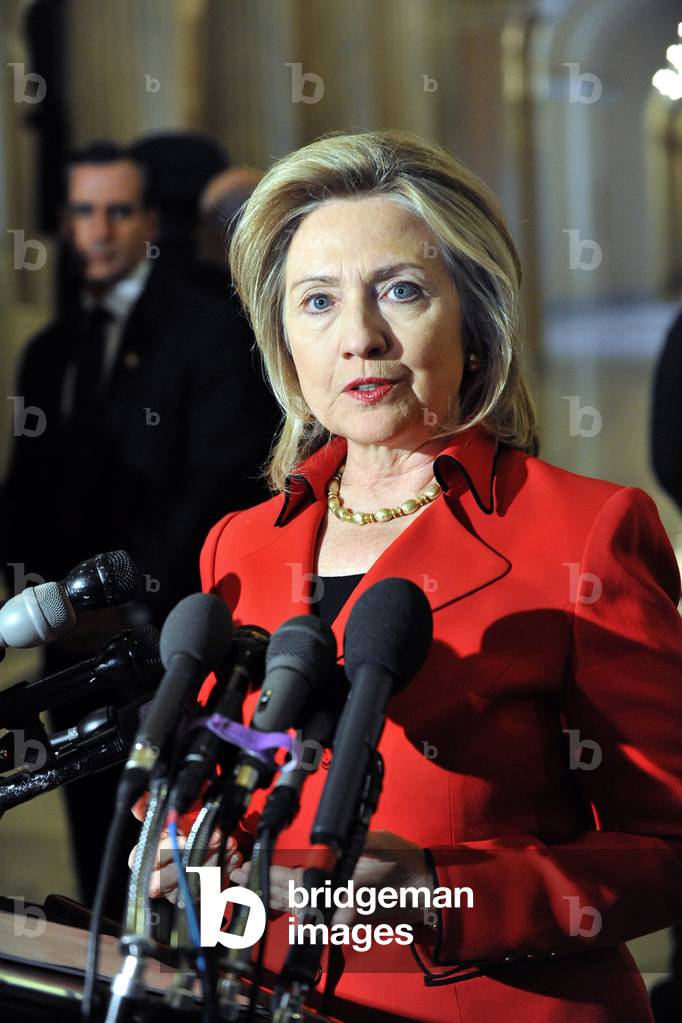 Hillary Clinton speaking to the press after meeting with House Speaker John Boehner to discuss proposed foreign affairs budget cuts that she described as 'devastating' to U.S. national security interests. Feb. 14 2011. (BSWH_2011_8_12)