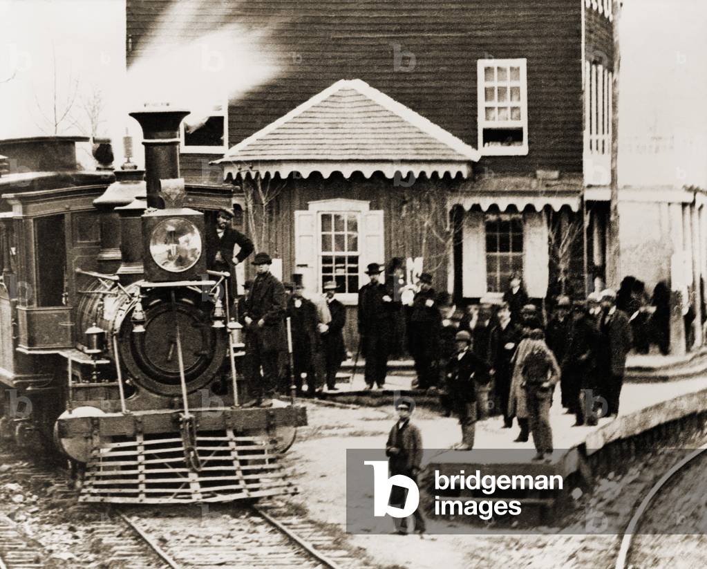 Locomotive and crowd at Hanover Junction Railroad Station in Pennsylvania in 1863. Photo by Mathew Brady
