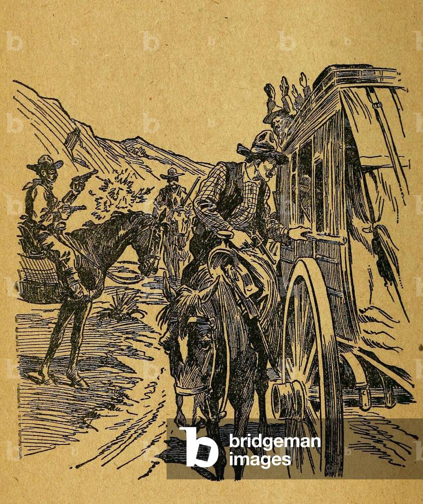 Le gang des Dalton: Dalton Gang robbing a stage coach. Illustration. Ca. 1890-92.
