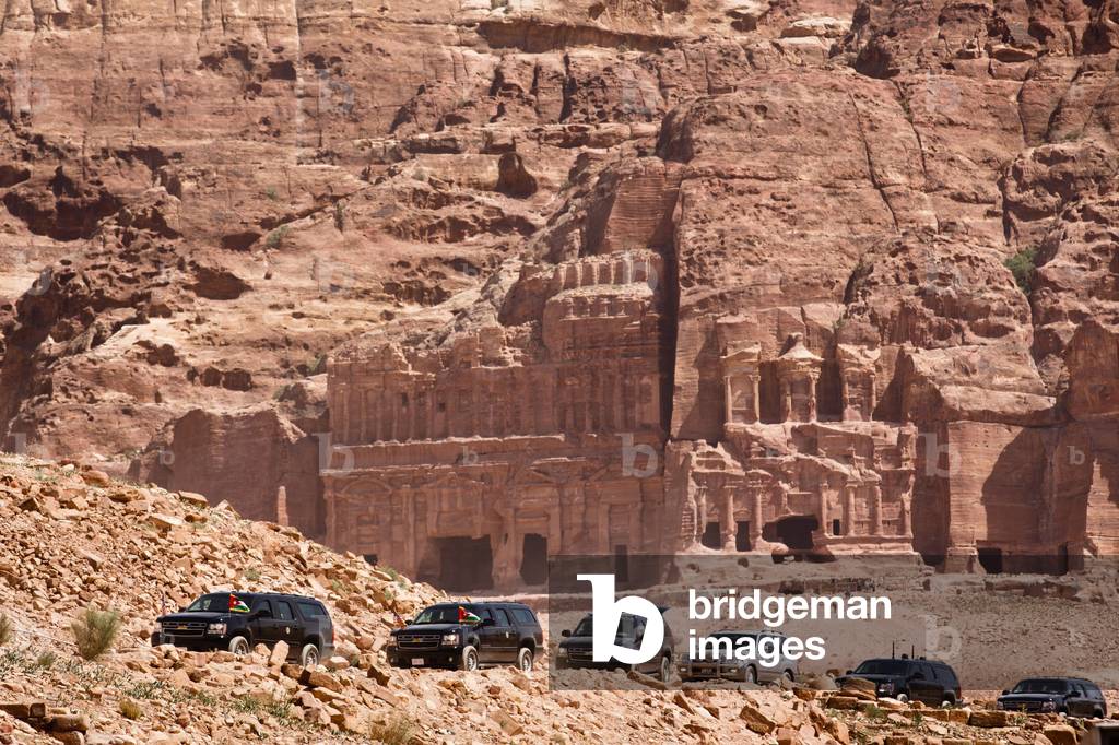 President Barack Obama's motorcade at the ancient city of Petra in Jordan. March 23, 2013. Established possibly in the 3rd C. B.C., it is Jordan's most-visited tourist attraction