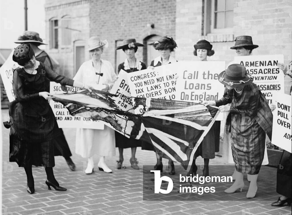 A group of Irish-American women tearing up a British flag, as they protest against United States support of the English against the Irish Independence. Washington, D.C., June 3, 1920