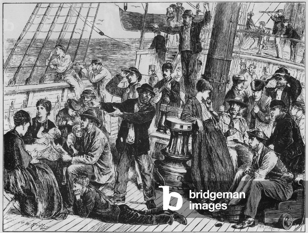Emigrants on the open deck of an immigrant steamship to Canada, site land after at least two weeks at sea. The ship, GANGES, carried 761 people who paid 3 British pounds for their passage. People on deck engage in play, music, talk, smoking and looking through telescopes. April-May, 1871