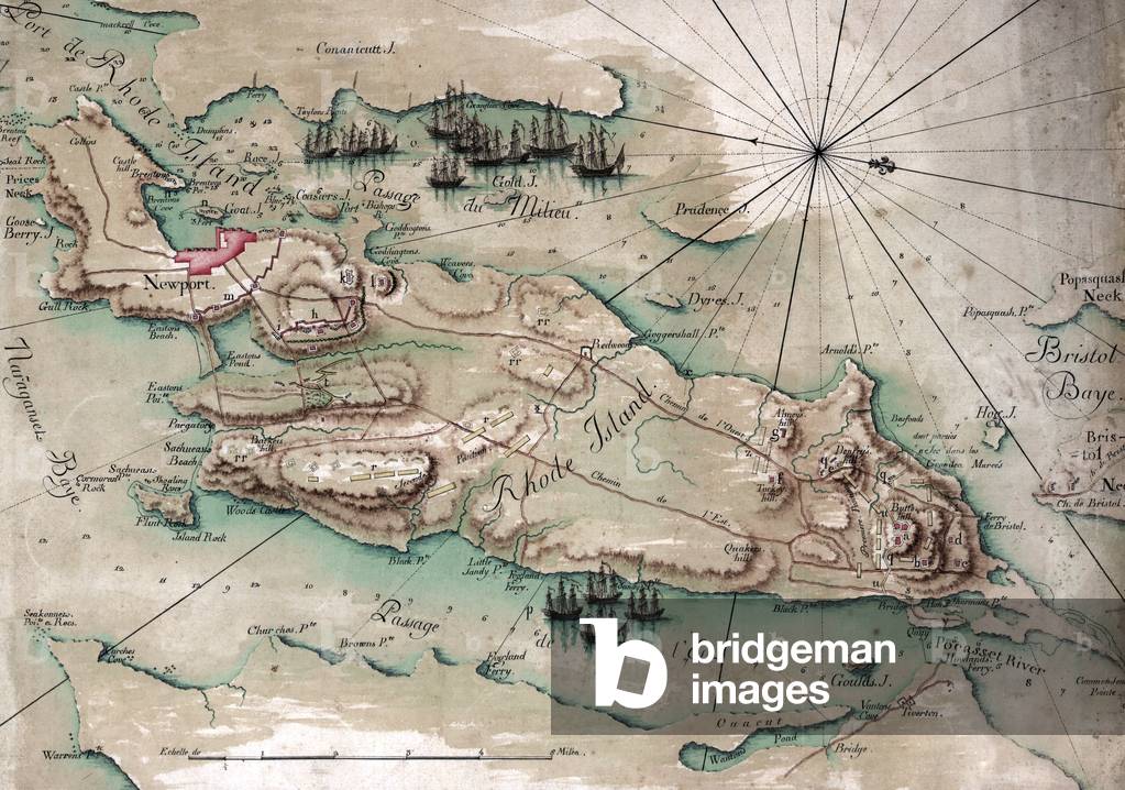 Map of The Battle of Rhode Island. Featuring different manuevers by the French Fleet and by the American army under the command of General Sullivan against the British forces which held the island. 1778