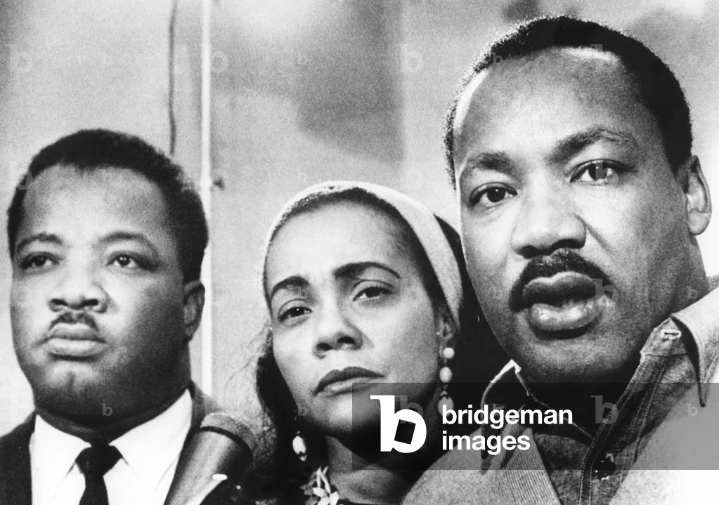 Dr. Martin Luther King (right), with his wife, Coretta Scott King (center), and brother, Rev. A.D. King, answering journalist's questions before serving a 5-day jail sentence in connection with a 1963 demonstration in Birmingham, Atlanta, GA, October 30, 1967
