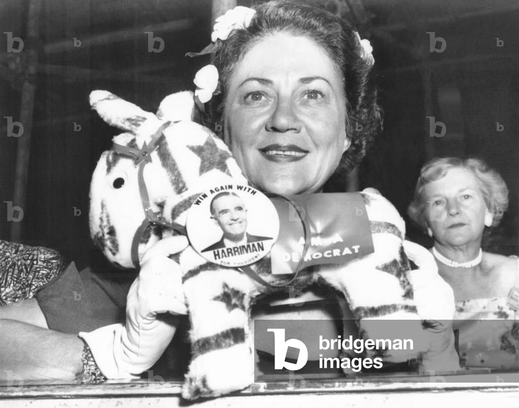 Mrs. Averill Harriman poses with a toy Donkey wearing a 'Harriman for President' button. Aug. 14, 1956. Her husband won election as New York State Governor in 1955, but ran second to Adlai Stevenson for the nomination