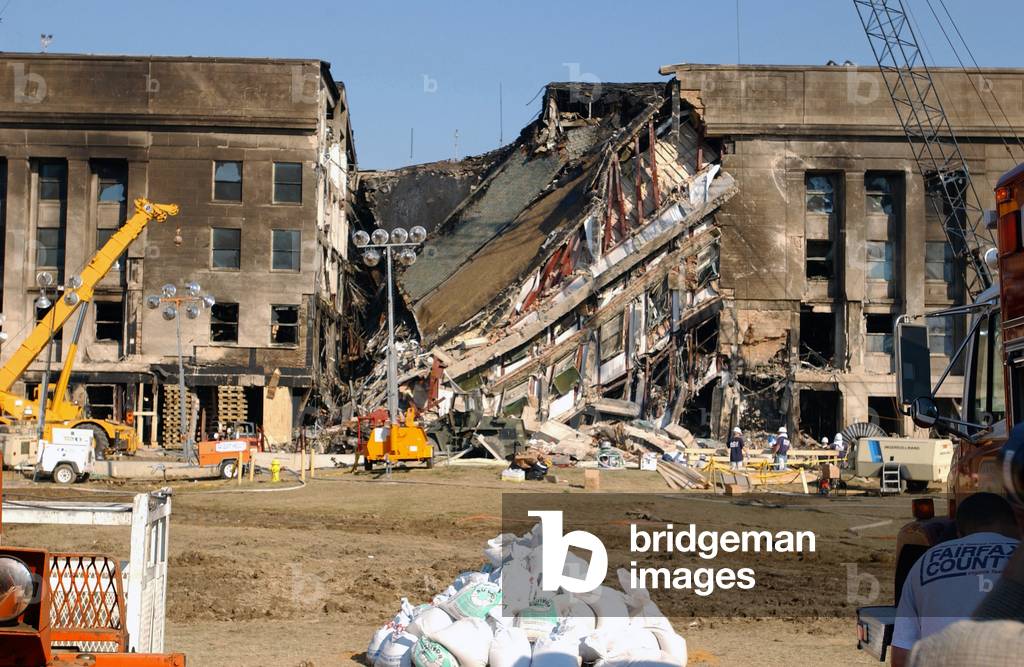 The Pentagon on Sept.13 2001 was damaged by two days earlier by the 9/11 crash of a hijacked jetliner crash by Al-Qaeda errorists.,