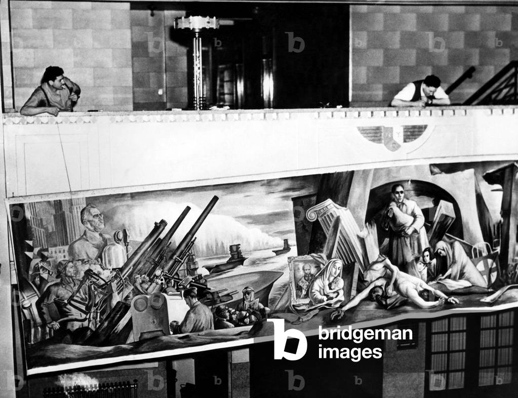Murals being removed from Floyd Bennett Field airport. The murals made by August Henkel were classified as communist propaganda and subsequently burned, July 8, 1940