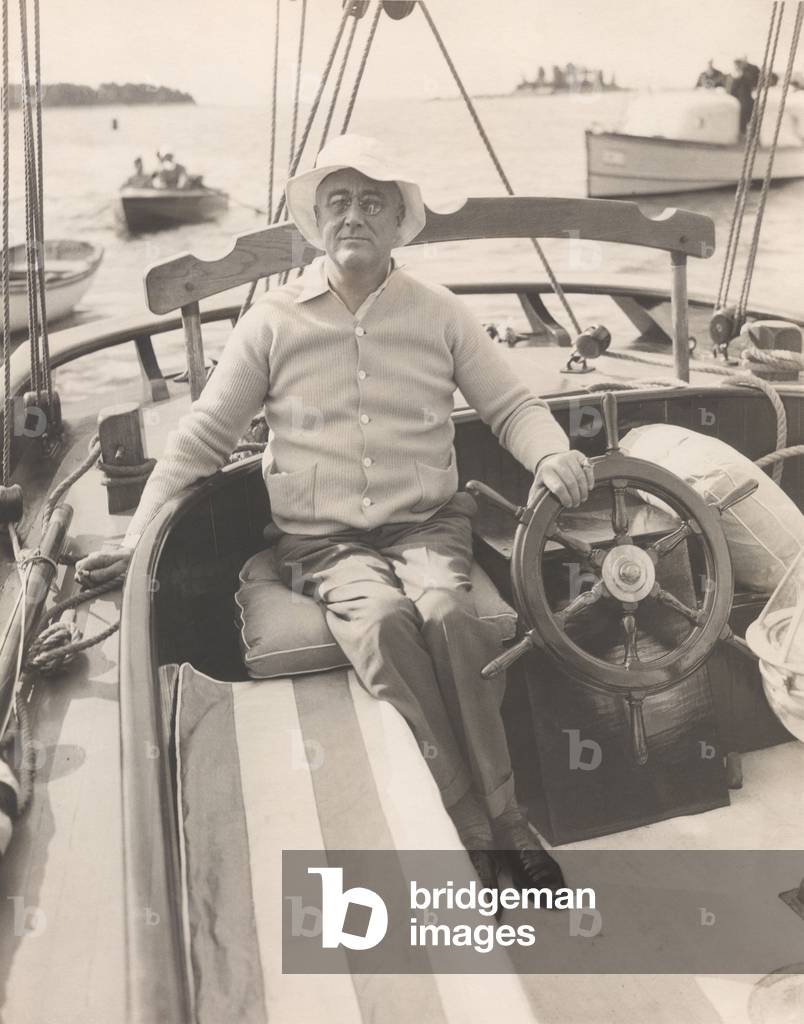President Franklin Roosevelt on his schooner the Amberjack II. He sailed from Marion Massachusetts to Campobello in June 1933 during his first trip back to Campobello in 10 years