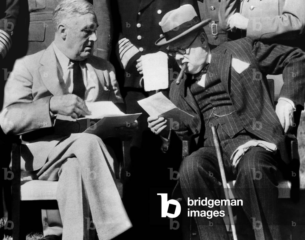 President Franklin Roosevelt and Prime Minister Winston Churchill at the Casablanca Conference, 1943