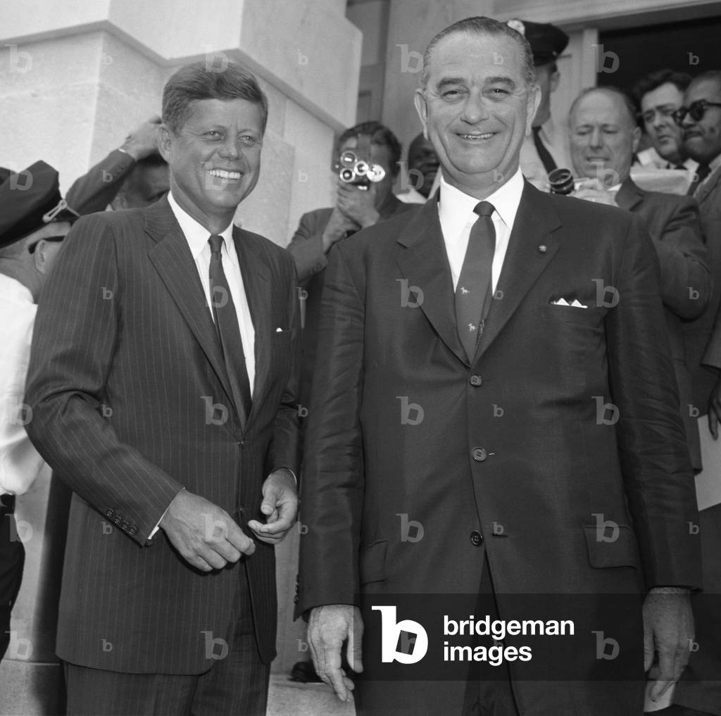 The 1960 Democratic nominees, Senators John Kennedy and Lyndon Johnson great the press together. Washington, DC, August 8, 1960