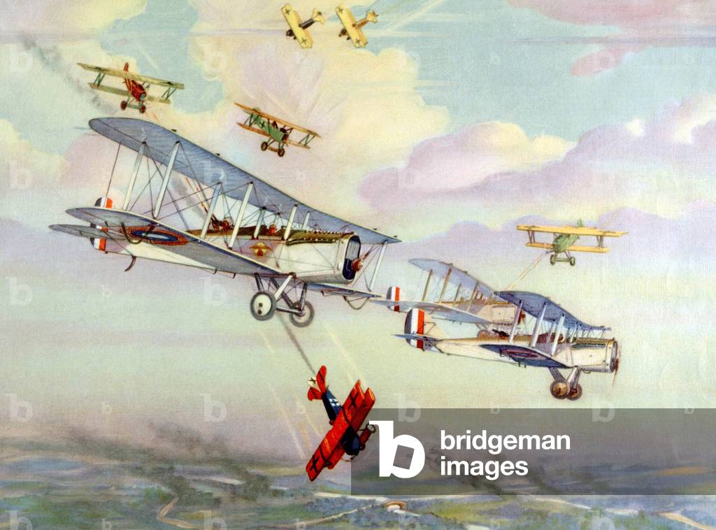 World War I air battle with German Fokker D-7 biplane attacking American De Havilland 4 observation planes, painting by Charles H. Hubbell, ca. 1917
