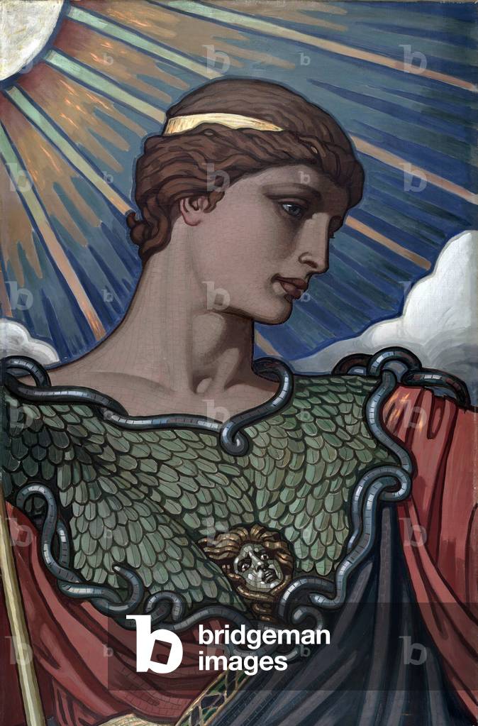 Minerva, goddess of war and Roman counterpart of Athena. 1896 painting by American mural painter Elihu Vedder