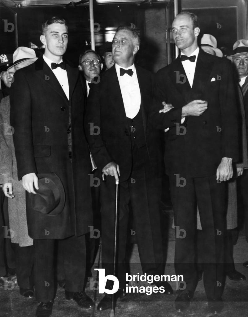 FDR Presidency. From left: Franklin Roosevelt, Jr., US President Franklin Delano Roosevelt, James Roosevelt, New York City, New York, 1935