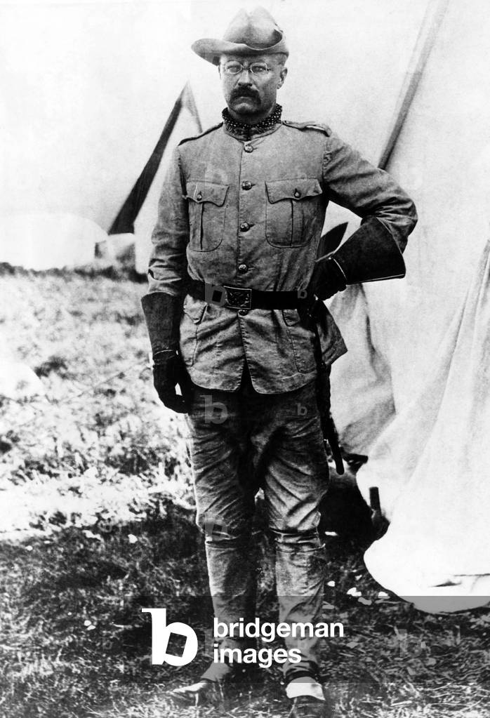 Colonel (and future U.S. President) Theodore Roosevelt, (1858-1919), on duty in the field during the Spanish-American War, 1898.