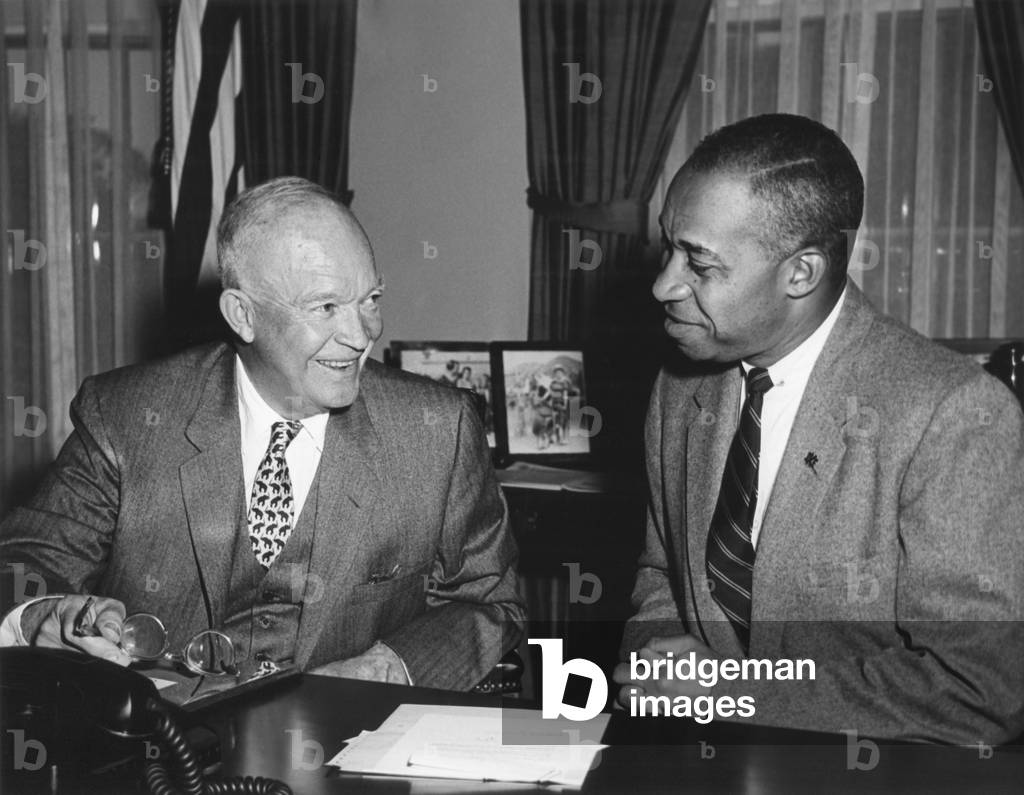 President Eisenhower with Fred Morrow, Oct. 4, 1956. Morrow served as a personal adviser and administrative assistant in the 1952 campaign Eisenhower. Frederic Morrow was the first African American Presidential aide in history, serving as Administrative Officer for Special projects on President Eisenhowers staff from 1955 to 1961.