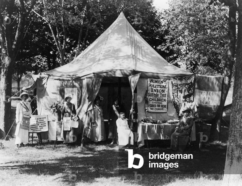 Women's Political Union campaigning in the summer of 1914 for passage of a New York State women's suffrage amendment. They offered free baby-sitting to fairgoers at the Suffolk County Fair on Long Island