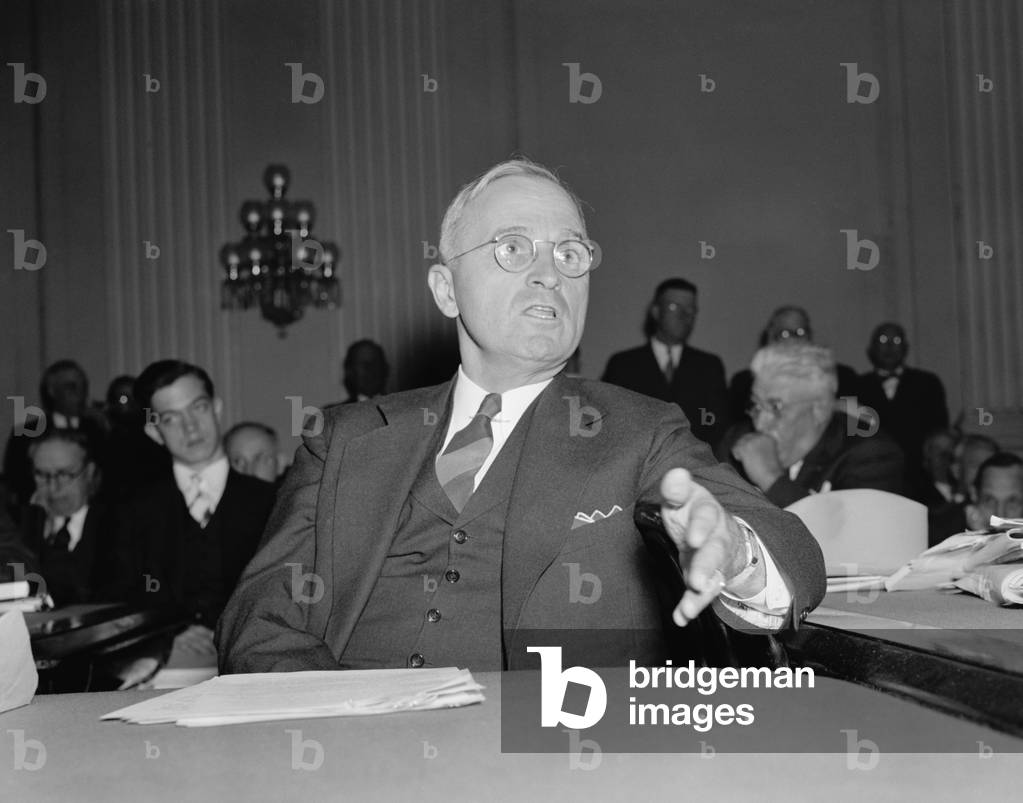 Sen. Harry Truman, testifying against a proposed rail wage cut. Oct. 14, 1938. He said the cut will not solve the present financial problems of the railroads