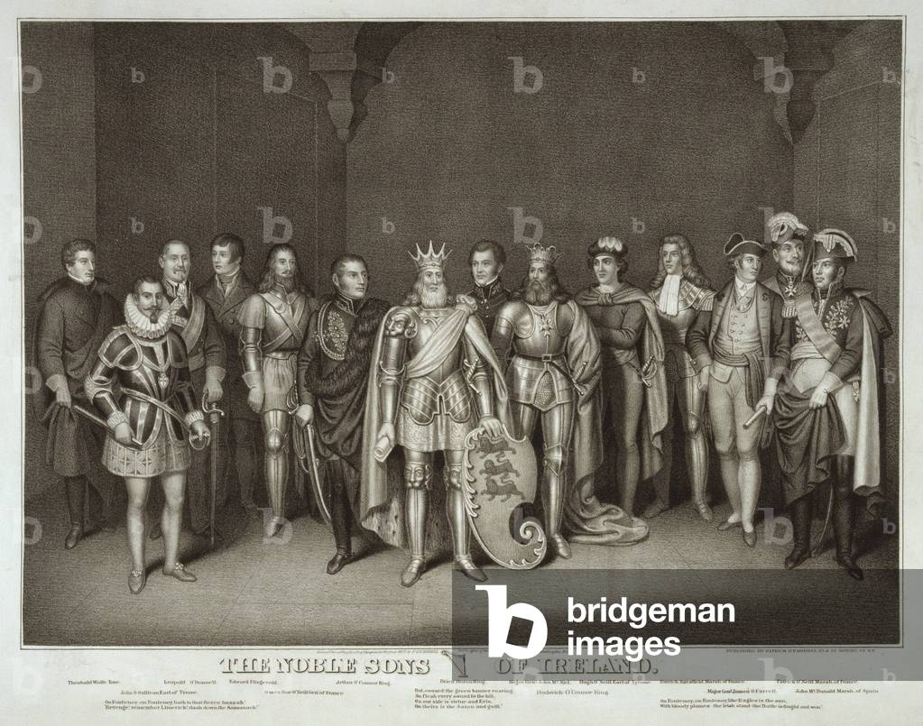Patriotic Irish-American print (c.1875) of the kings and political leaders of Ireland, each identified below the illustration. c. 1875