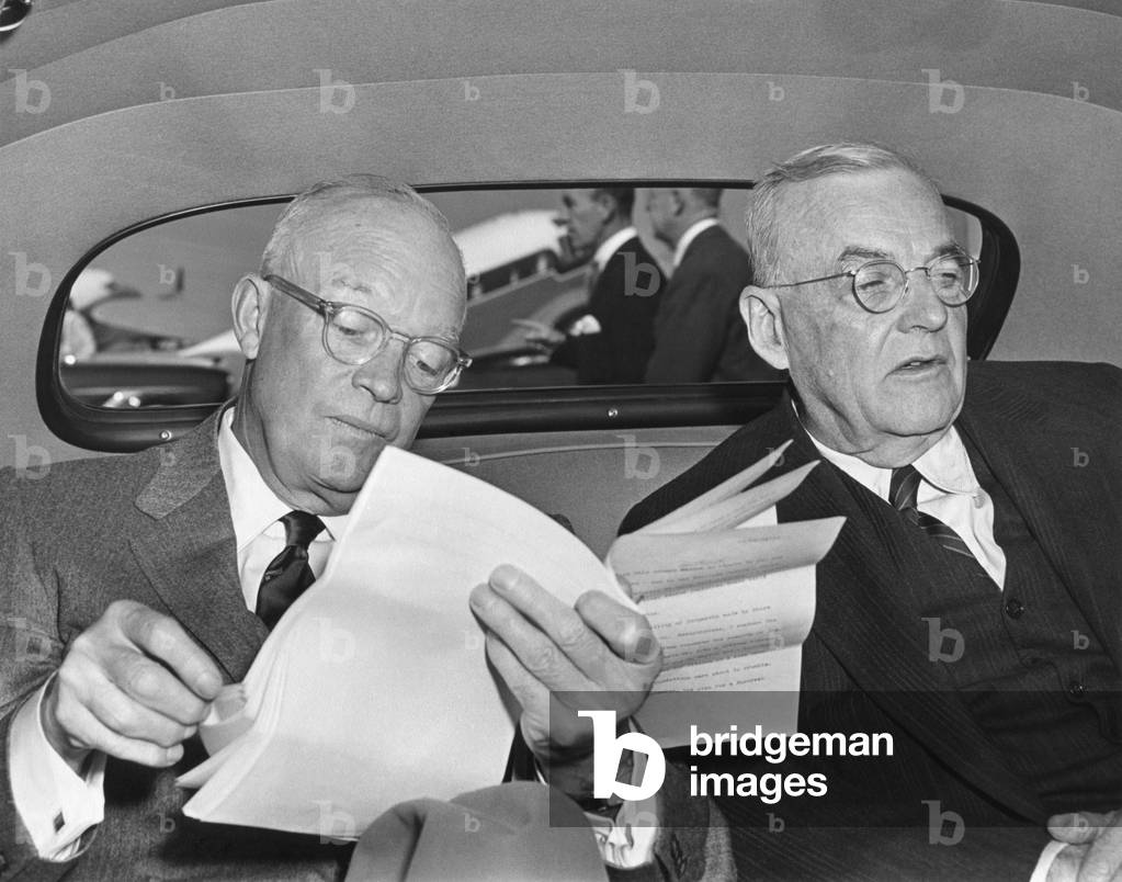 President Dwight Eisenhower and Secretary of State John Foster Dulles, Oct. 25, 1954. Dulles had returned from Bonn, London, and Paris, with agreements ending the occupation of and restoring sovereignty to West Germany, and providing for its admission to NATO.