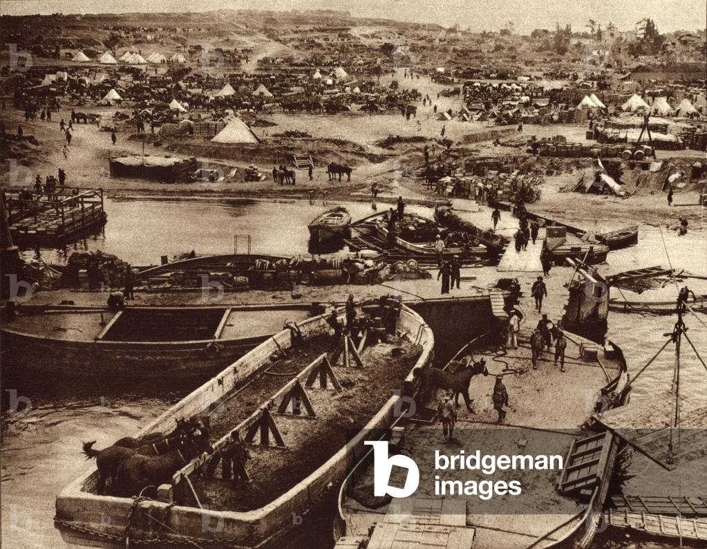 World War 1. Supply ships unloading horses and other supplies after the hard fought British landing on the southern tip of the Gallipoli Peninsula during the Dardanelles campaign. 1915