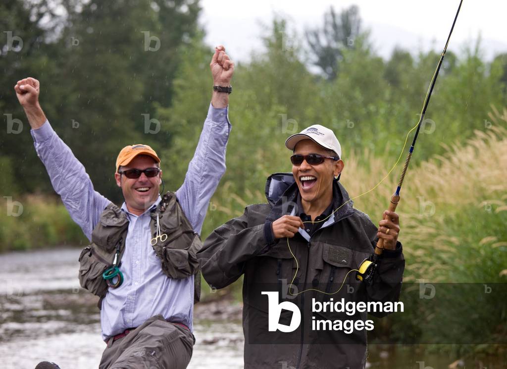 While fly fishing in Montana the President Obama and his guide react after both thought he had hooked a fish unfortunately he hadn t. Later the President joked that it was catch and release.',