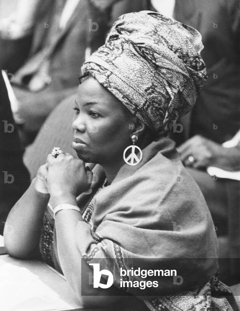Mrs. Jeanne Martin Cisse, wears peace symbol earrings at the U.N. Security Council. Nov. 16, 1972. She was Guinea's Ambassador to the United Nations, and the first woman to the hold Presidency of the Security Council. -