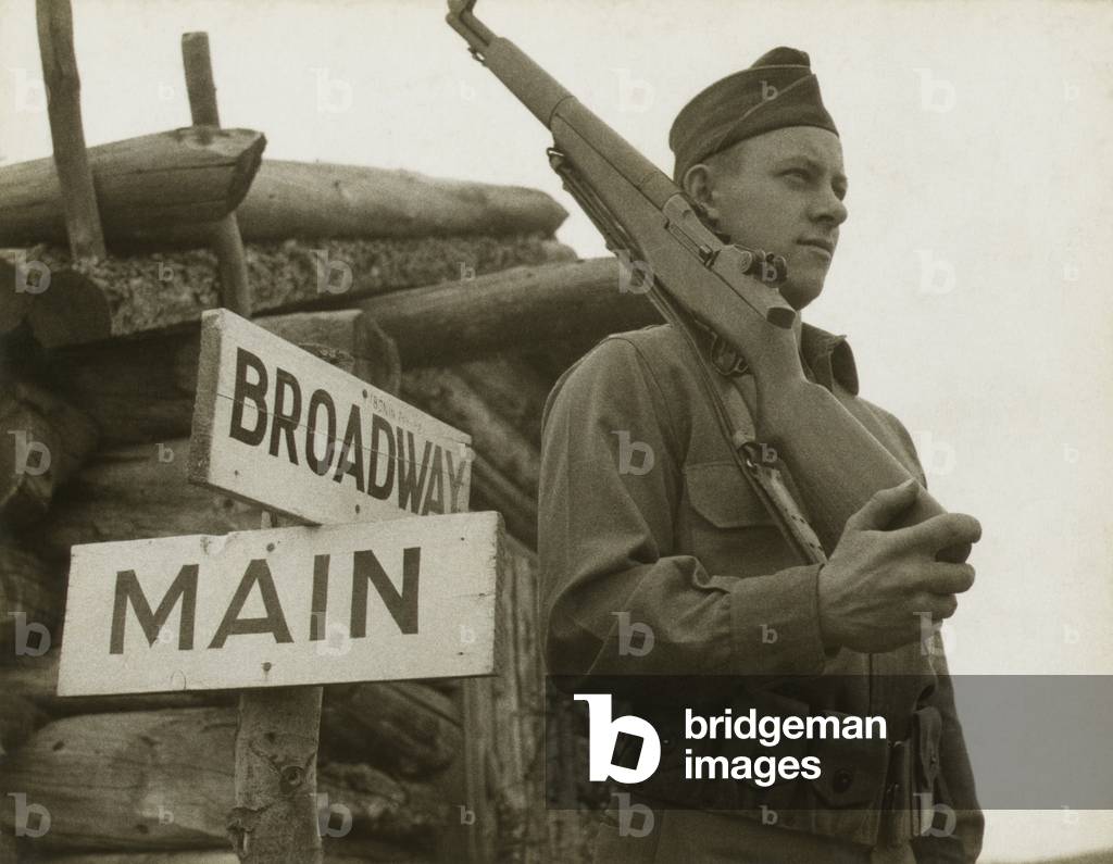 American soldier stands guard at a remote post on Alaska's Aleutian Islands. In June 1942 a Japanese force occupied the islands of Attu and Kiska, attacked Dutch Harbor, and Adak Island during World War 2
