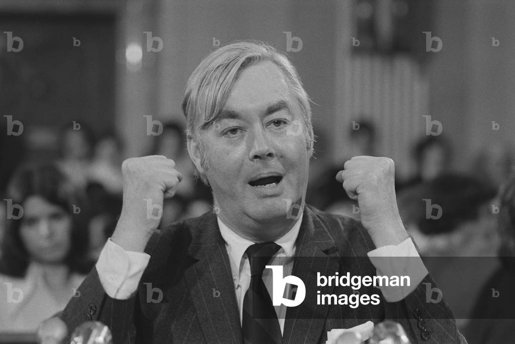Democratic Senator Daniel Moynihan speaking to the Senate Committee on Foreign Relations. He had resigned as UN ambassador the previous month. March 25, 1976.