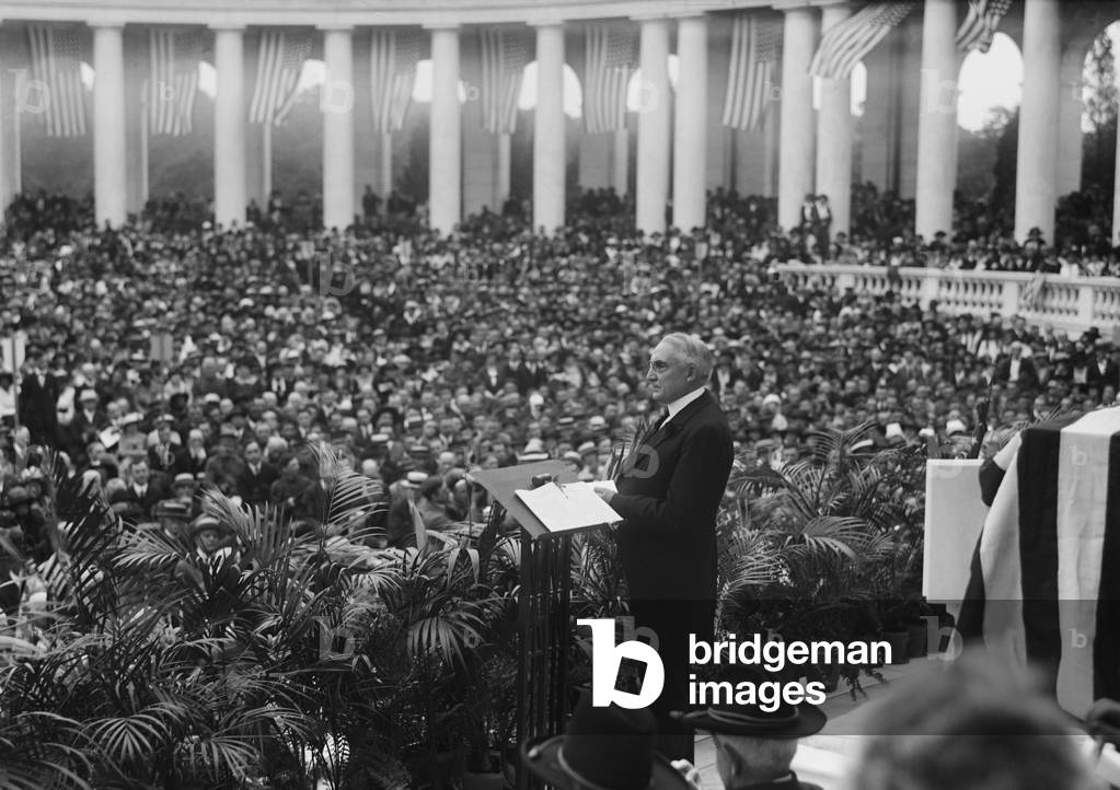 President Warren Harding addressing a Memorial Day audience at Arlington National Cemetery. c. 1921-23