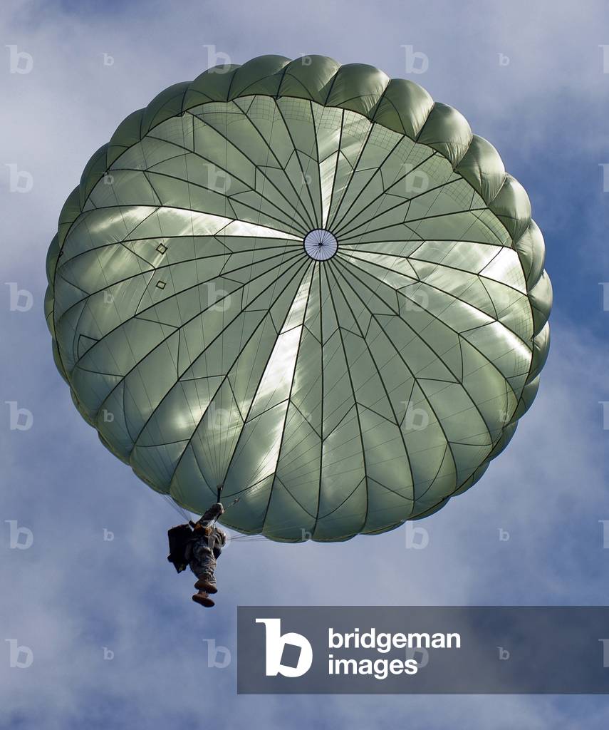 Soldier of the 82nd Airborne descends from a parachute drop over the Klute Drop Zone in Beach Hill West Virginia. Aug. 19 2010
